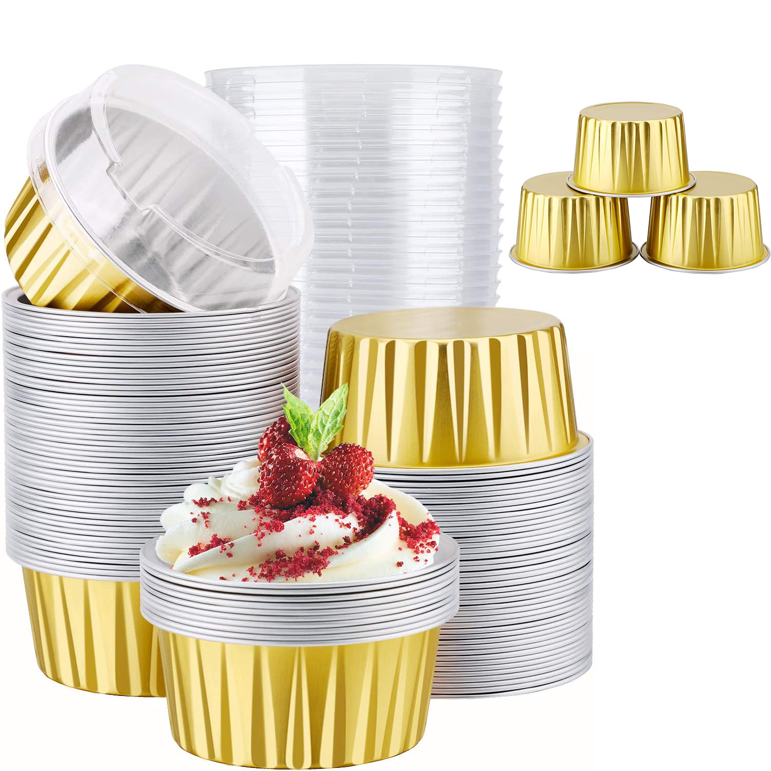 Disposable Ramekins with Lids, 10 Pack/ 5 oz Gold Aluminum Foil Dessert