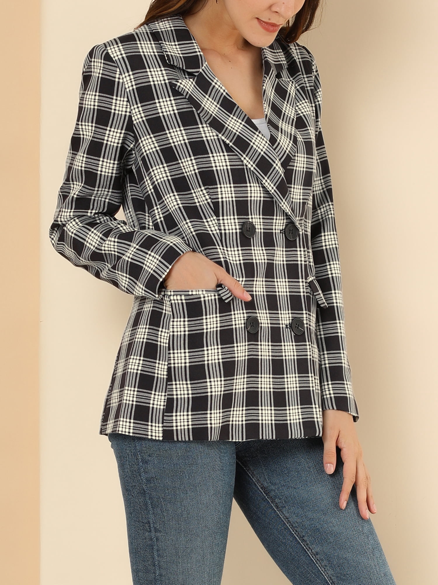 DARING DIVA Women's Plaid Notched Lapel Blazer Jacket M Black