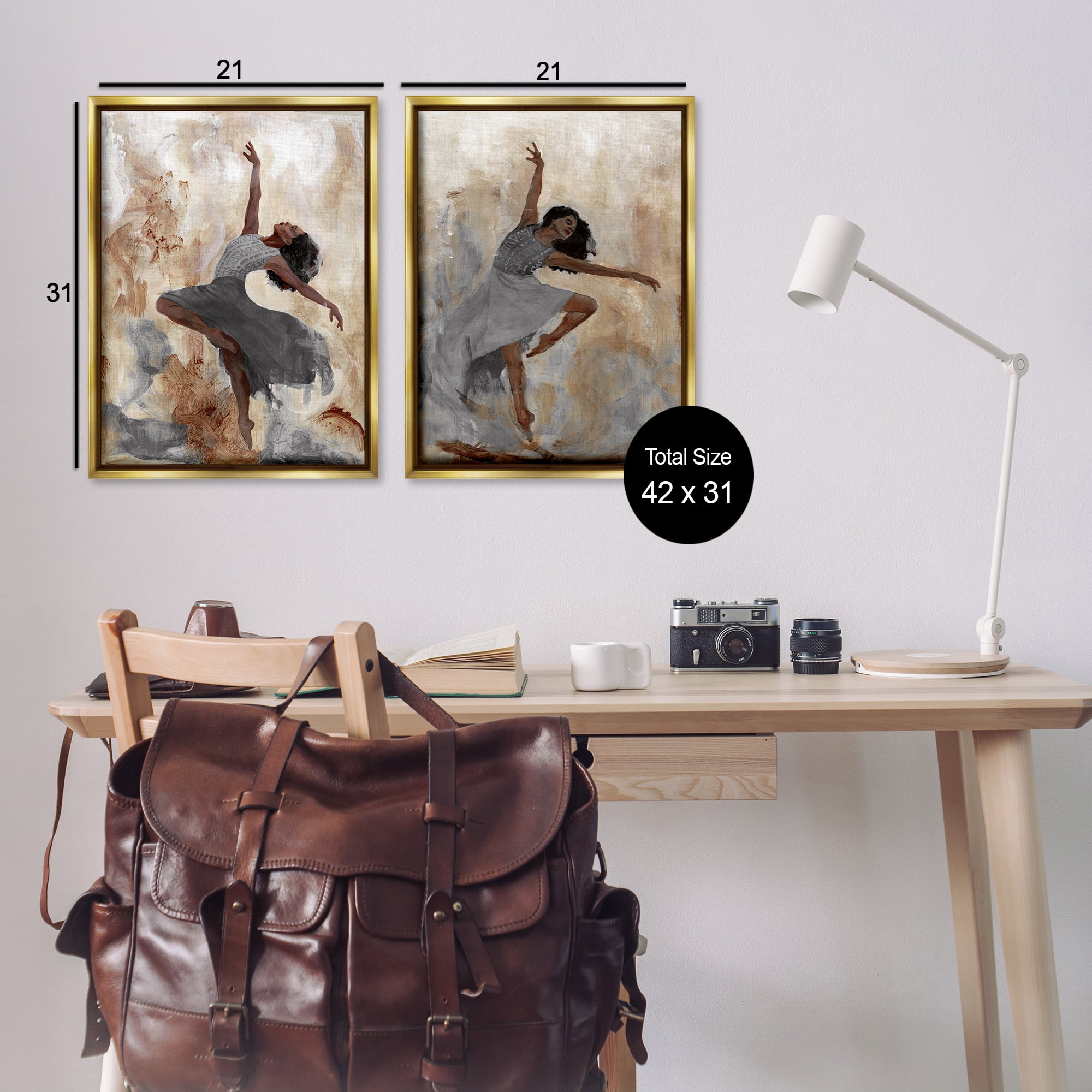Stupell Industries Abstract Interpretive Dance Figure People Painting Gold Floater Framed Canvas Art Print Wall Art, 21 x 31, Set of 2