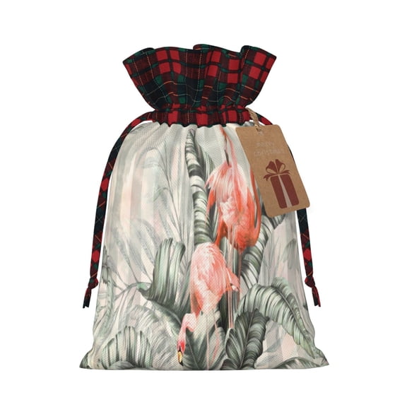 Kdxio Tropical With Flamingos Christmas Drawstring Bags Xmas Buffalo Plaid Candy Bags Linen Treat Bags Christmas Gift Bags for Presents-Black
