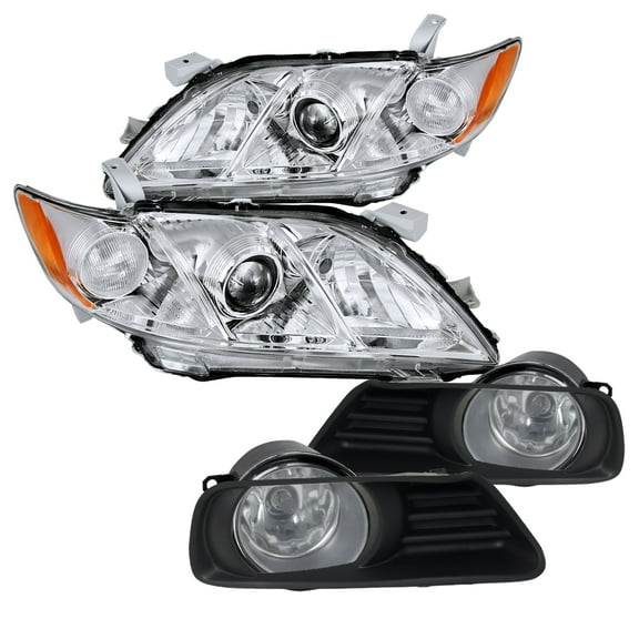 Spec-D Tuning Chrome Amber Projector Headlights   Clear Fog Driving Lamps Compatible with 2007-2009 Toyota Camry Left   Right Pair Headlamps Assembly