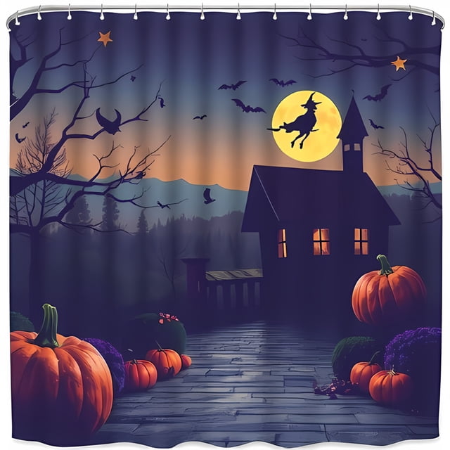 Rideau de Douche Halloween Effrayant - Chauves-Souris Récolte Lune & Design Maison Hantée Parfait pour Décoration Festive