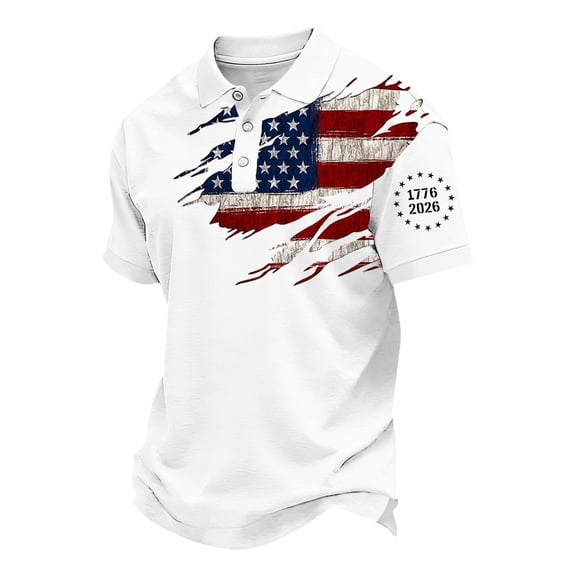 Homeyce Men's Independence Day Golf Shirts 250 Years Of Liberty Short Sleeve Golf Shirts National Flag Print 4th Of July Polo T-Shirts Button Up Patriotic Outfit,White L