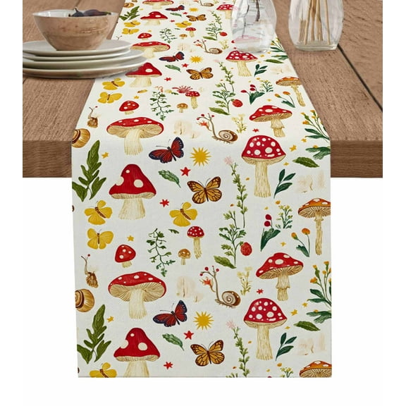Table Runner Red Mushroom Table Decoration for Kitchen Dinning Leaf Butterfly Table Decoration for Indoor Outdoor Party Wedding Decor 13x72 Inch
