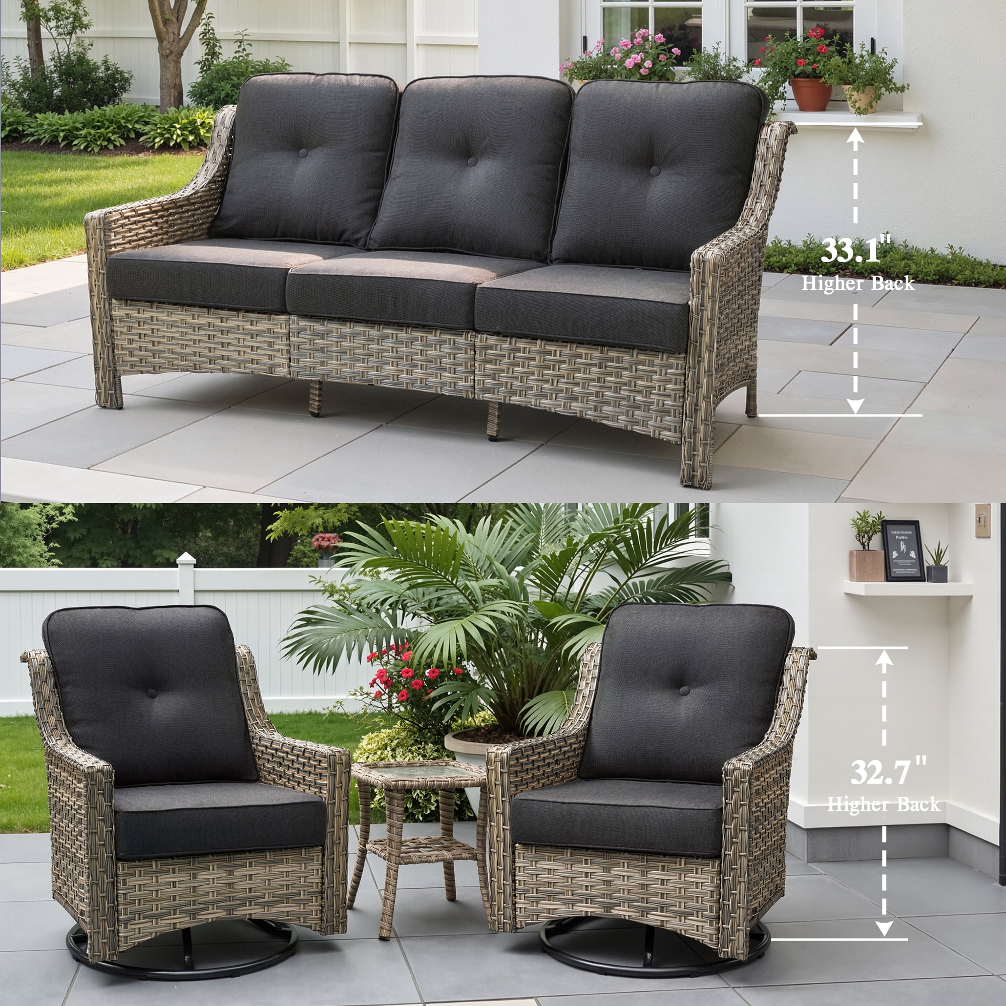 Ovios 5 Pieces Outdoor Patio Furniture Set High-Back Rattan Wicker Conversation Set Outdoor Sectional with Swivel Chairs & Solar Light Coffee Table, Black