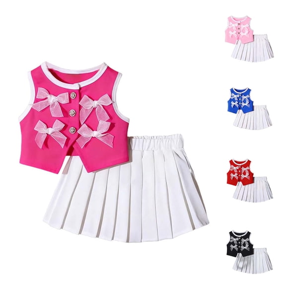 Paiwinds Baby Girls Summer Outfit Solid Color Bow Vest Top And Pleated Skirt Two-Piece Set Cute Casual Kids Clothing