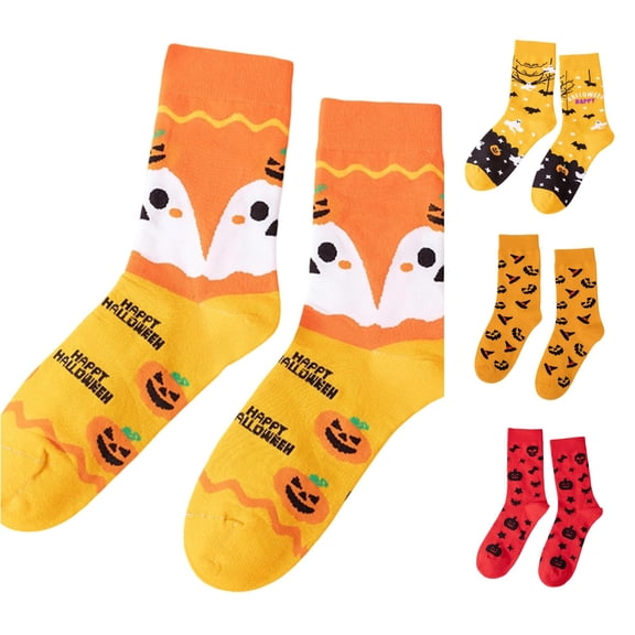 XFeng Women Cute Cartoon Pumpkin Print Crew Socks Casual Soft Knit Daily Wear Socks