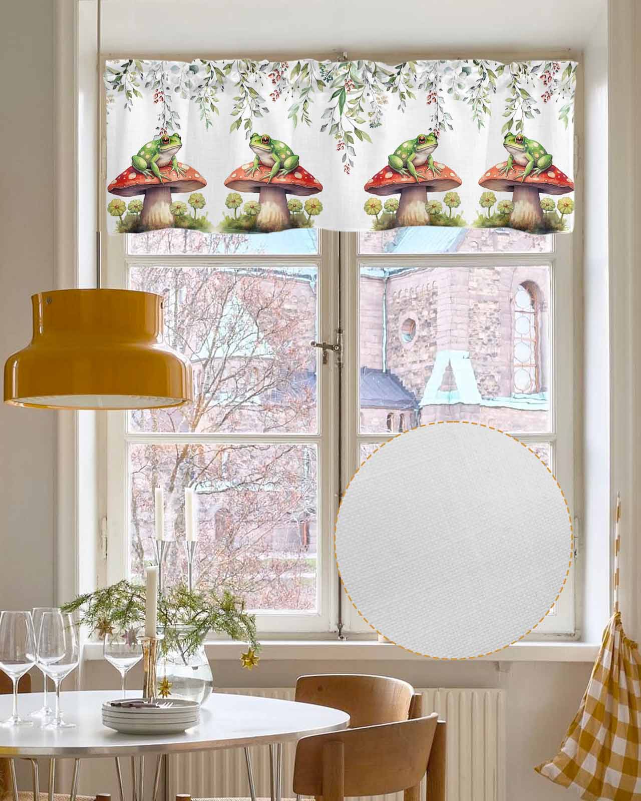 Mushroom Frog Linen Curtain Valance for Bedroom/Bathroom/Kitchen/Office/Living/Dining Room Windows,Eucalyptus Flower Watercolor Spring Rod Pocket Topper Drapes Decorative Cafe Drapery Panel 54x18