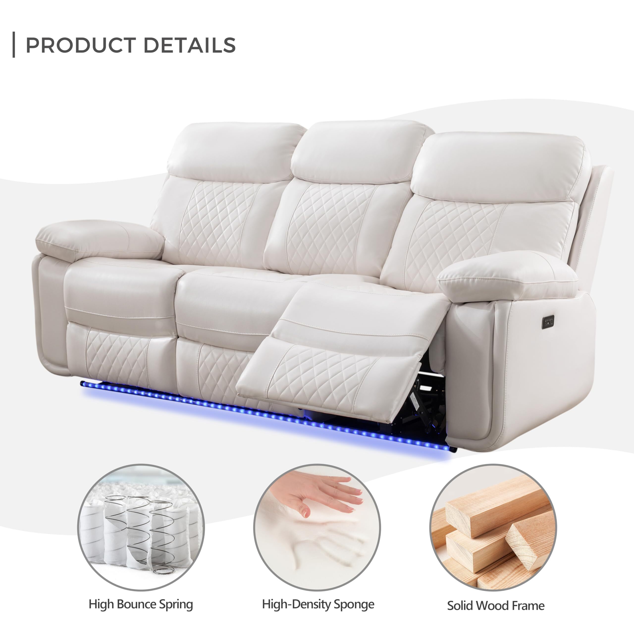 Comfort Stretch 3 Seater Power Recliner Chair Sofa Set for Living Room,Faux Leather Electric White Home Theater Seating Reclining Sofa Couch with Flipped Middle Backrest,LED Light,USB Port,Cup Holders