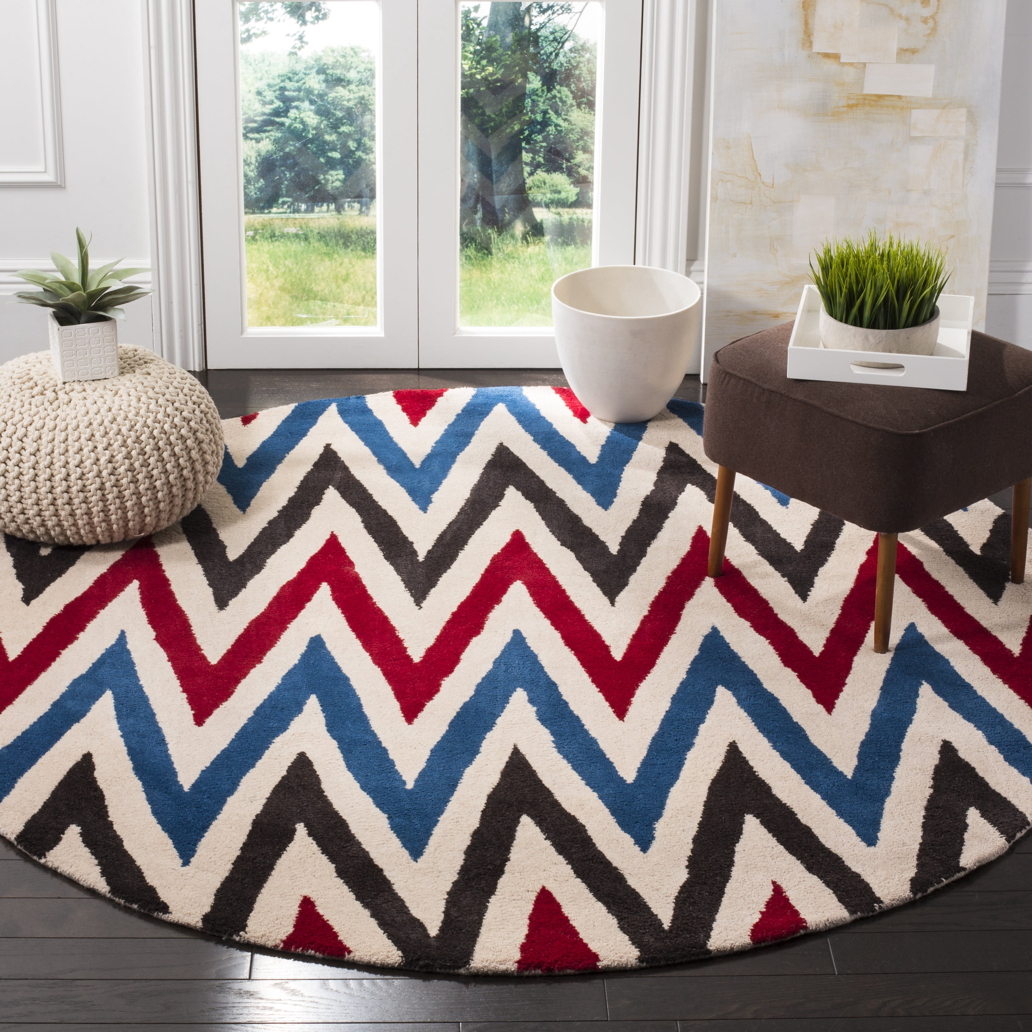 SAFAVIEH Chatham Jefferson Geometric Wool Area Rug, Ivory/Multi, 7' x 7' Round