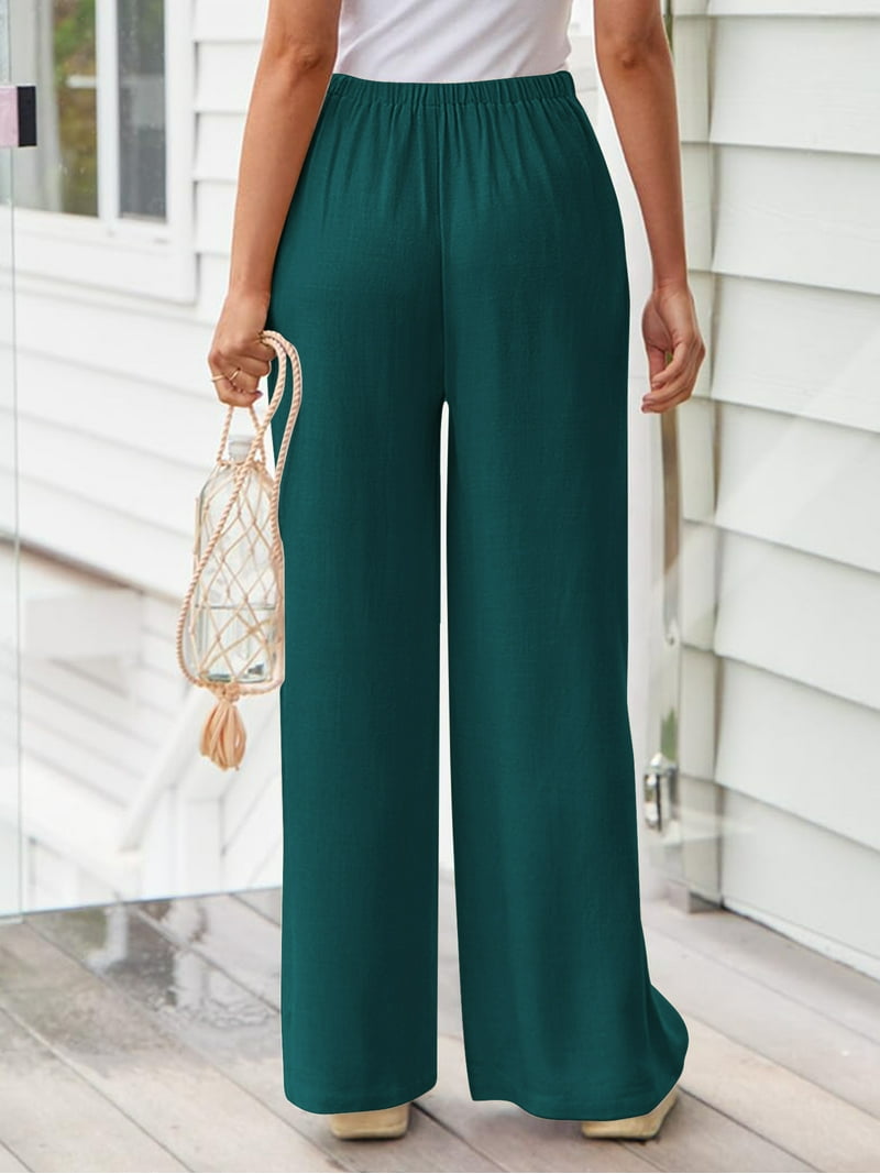 Casual Deep Green Pants TEMOFON Pants For Women Wide Leg Linen