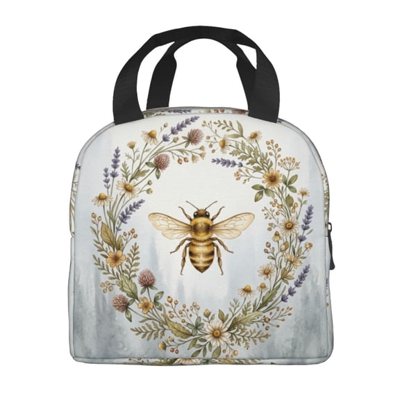 Bee Lunch Box,Reusable Insulated Lunch Bag,Flowers Large Capacity Portable Thermal Bag With Mutiple Pockets For Office,Work,Picnic