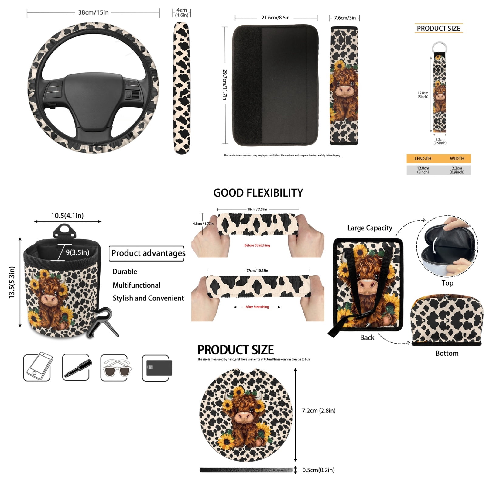 Yuyamidu Highland Cow Car Seat Cover Set of 15 Cow Print Steering Wheel Cover Sunflower Seat Belt Pads Garbage Bag Air Vent Pocket Rearview Mirror Cover Cute Car Coasters Keychain
