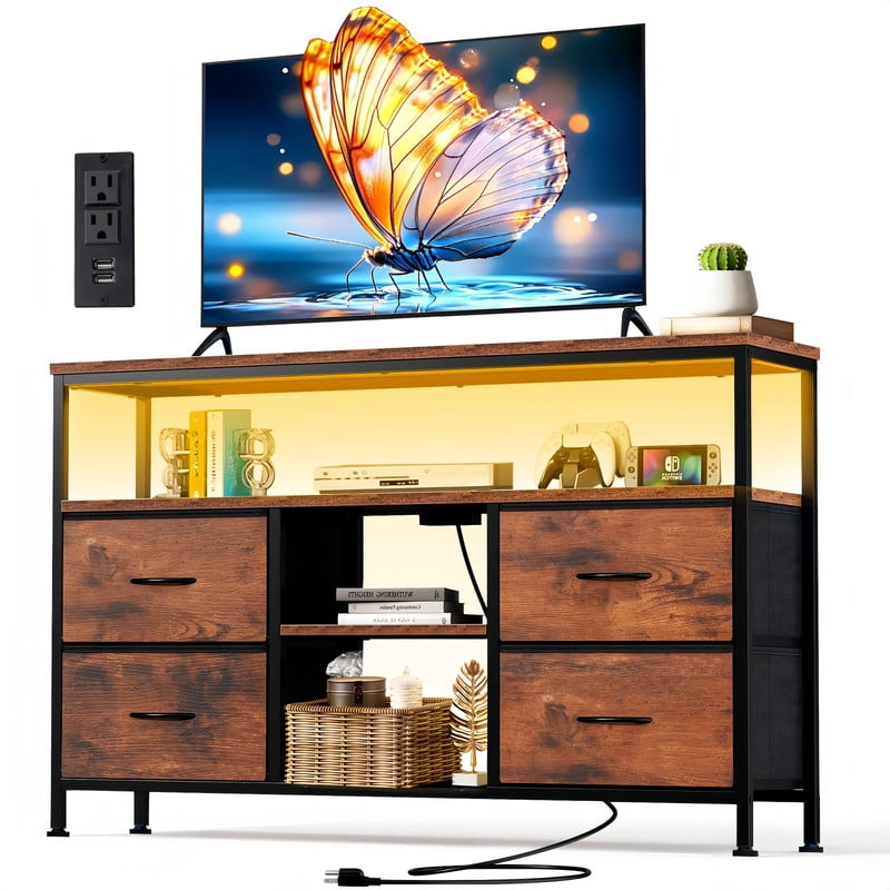Kelno 47 Inch TV Stand with LED Lights Charging Station AC USB Type-C Ports Media Console with 4 Fabric Drawers Open Shelves, Rustic Brown
