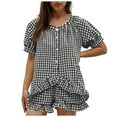 thumbnail image 7 of FRSASU Womens 2 Piece Ruffle Pajama Set Gingham Button Down Short Sleeve Shirts and Shorts Plaid Spring Summer Outfits Black, 7 of 7