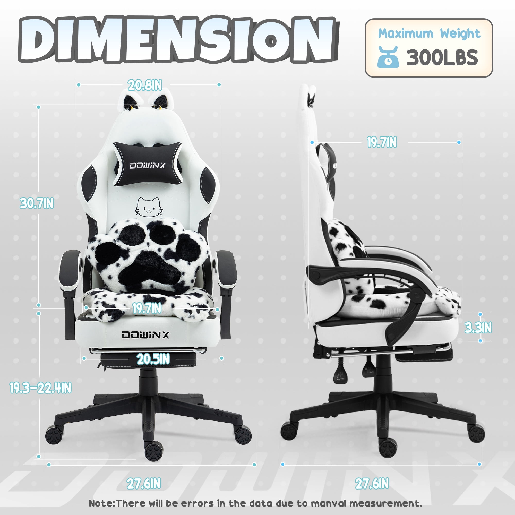 GOOSEA Cute Cat Ear Gaming Chair with Paw Print Lumbar Support and Cushion, Ergonomic Computer Desk Chair with Footrest, Reclining PC Game Chair for Girls and Women, 300lbs, Black and White