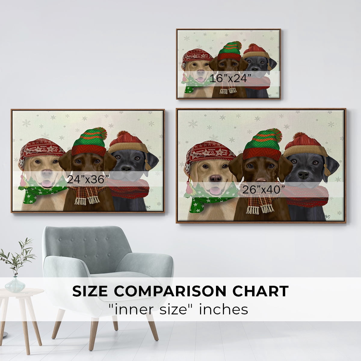 Christmas 3 Winter Labs - Framed Gallery Wrapped Holiday Canvas - 27 x 41 - Rosewood Frame