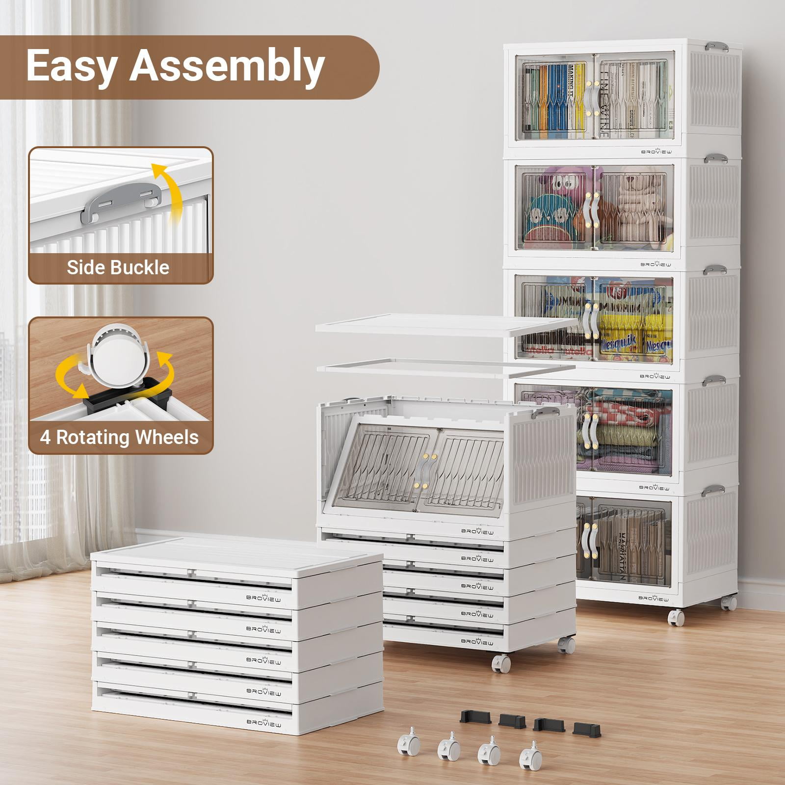 BROVIEW 360Qt Stackable Storage Bins with Lid, Plastic Closet Organizers and Storage Drawer, Collapsible Storage Box with Wheels, Folding Storage Cabinet for Closet Clothes Organization, 3Pack White