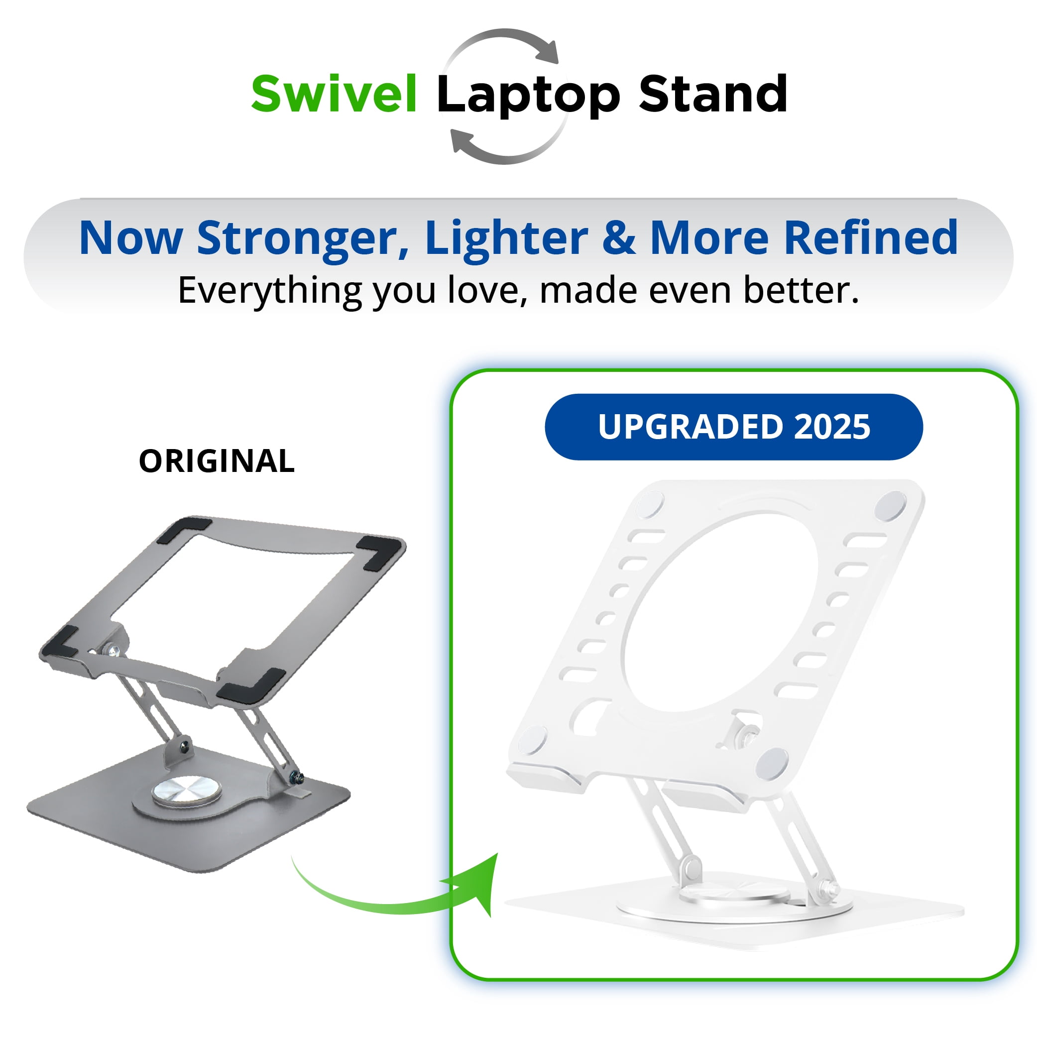 Swivel Laptop Stand for Desk – Adjustable Laptop Riser with 360° Rotation, Height & Tilt, Vented Metal Cooling Panel, Portable Folding Stand (White)
