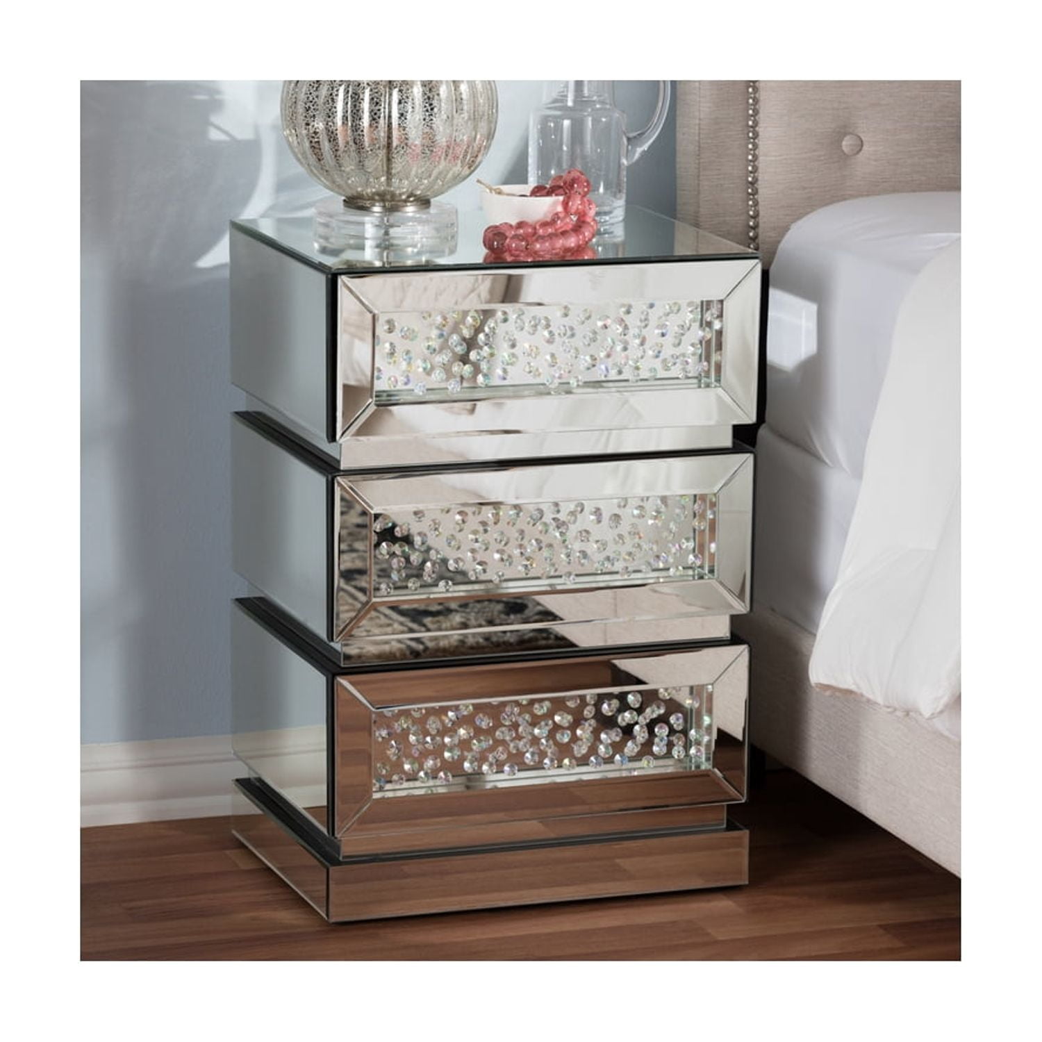 Mirrored 3-Drawer Nightstand - Bedroom Storage Furniture - Glam Style