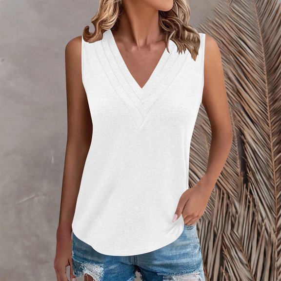 Vekome Tank Tops for Women Plus Size Sleeveless Shirts V Neck Casual Tee Shirts Solid Color Summer Pullover Tops White