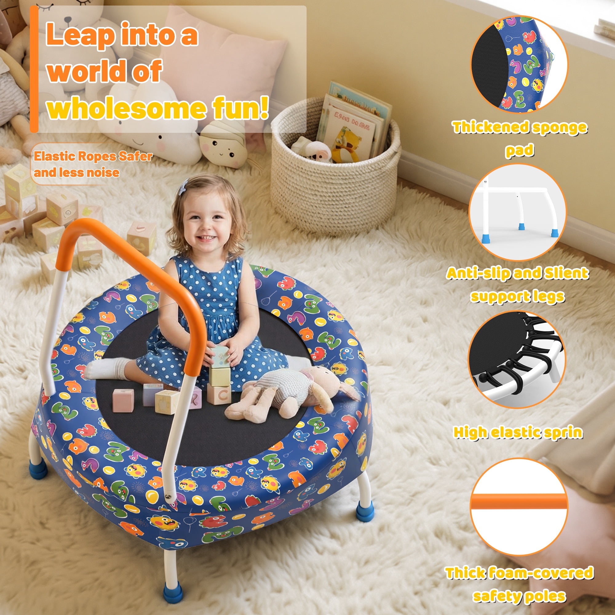 Toddler Trampoline with Handle, 28" Kids Trampoline, SHINPT Indoor Trampoline for Kids, Small Trampoline, Gift for Boys Girls