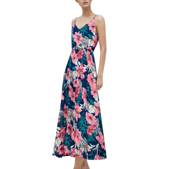 GPOECD Summer Hawaii Beach Family Matching Outfit 4 Piece Set for Women Casual Boho Flowy Maxi Dress Tropical Outfit Pink,Parents-M