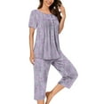 thumbnail image 1 of Pisexur Ensembles de Pyjama pour Femmes 2 Pcs Ensemble de Détente Élégant Boho Chemises de Nuit Florales pour Femmes Confort Décontracté Col Rond Manches Courtes Plissées T-Shirts Boutonnés Hauts et Pantalons Longueur Genou avec Poches, 1 of 5