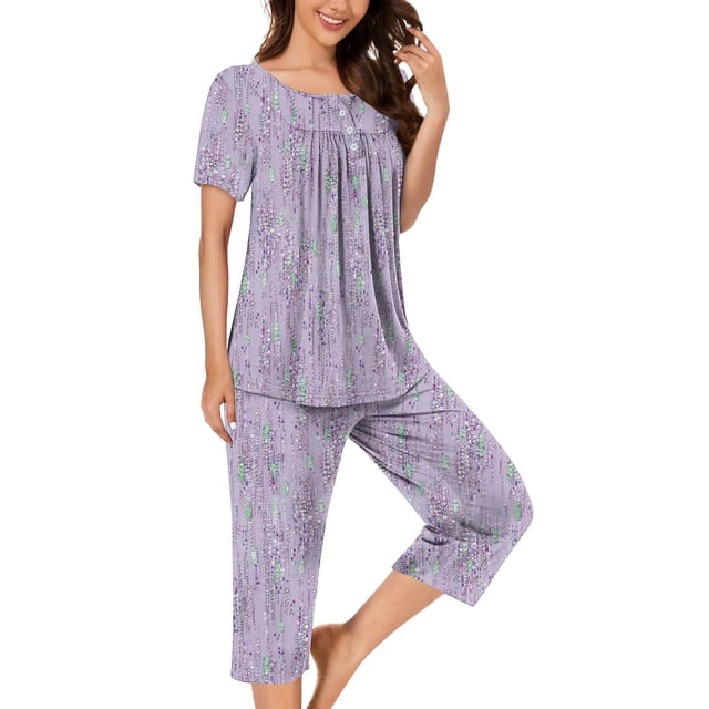 Pisexur Ensembles de Pyjama pour Femmes 2 Pcs Ensemble de Détente Élégant Boho Chemises de Nuit Florales pour Femmes Confort Décontracté Col Rond Manches Courtes Plissées T-Shirts Boutonnés Hauts et Pantalons Longueur Genou avec Poches