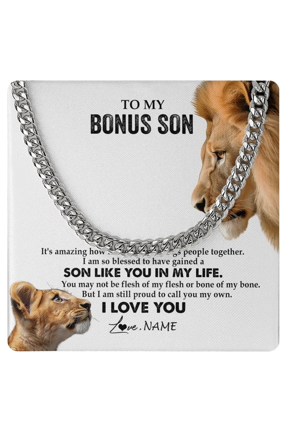 To My Bonus Son Necklace Lion Love Adopted, White Cuban Link Necklace