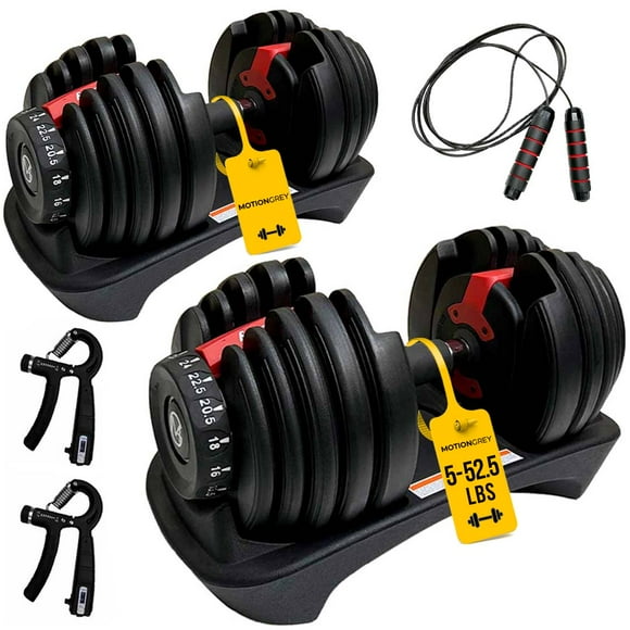MotionGrey Adjustable Dumbbells 5 to 52.5 LBs, Free High Strength Hand Grip Included and Jump Rope 15 Weight Settings DumbBell, Anti-Slip Metal Handle for Exercise (Set of 2)