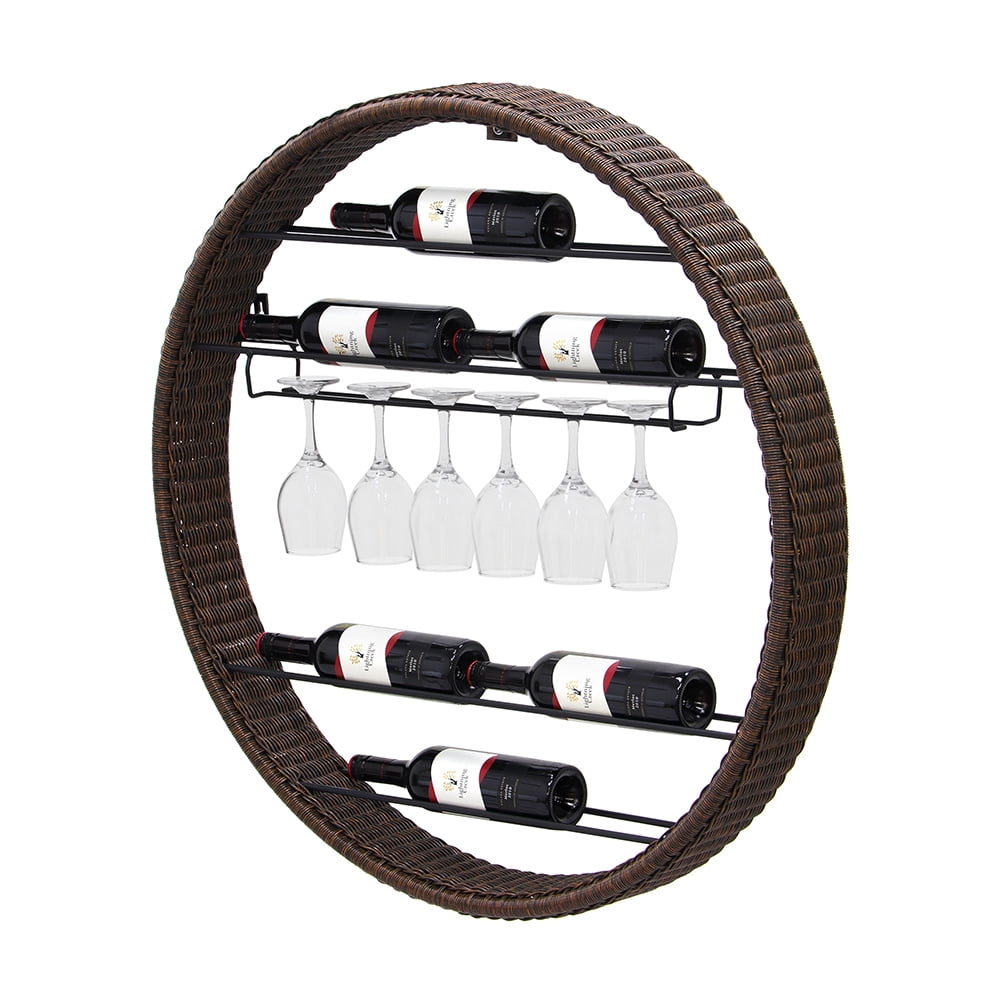 Abble 6 Bottle Wall Mounted Indoor Decorative Wicker Wine Rack with Glass Holder for Home Bar, Living Room, Dining Room