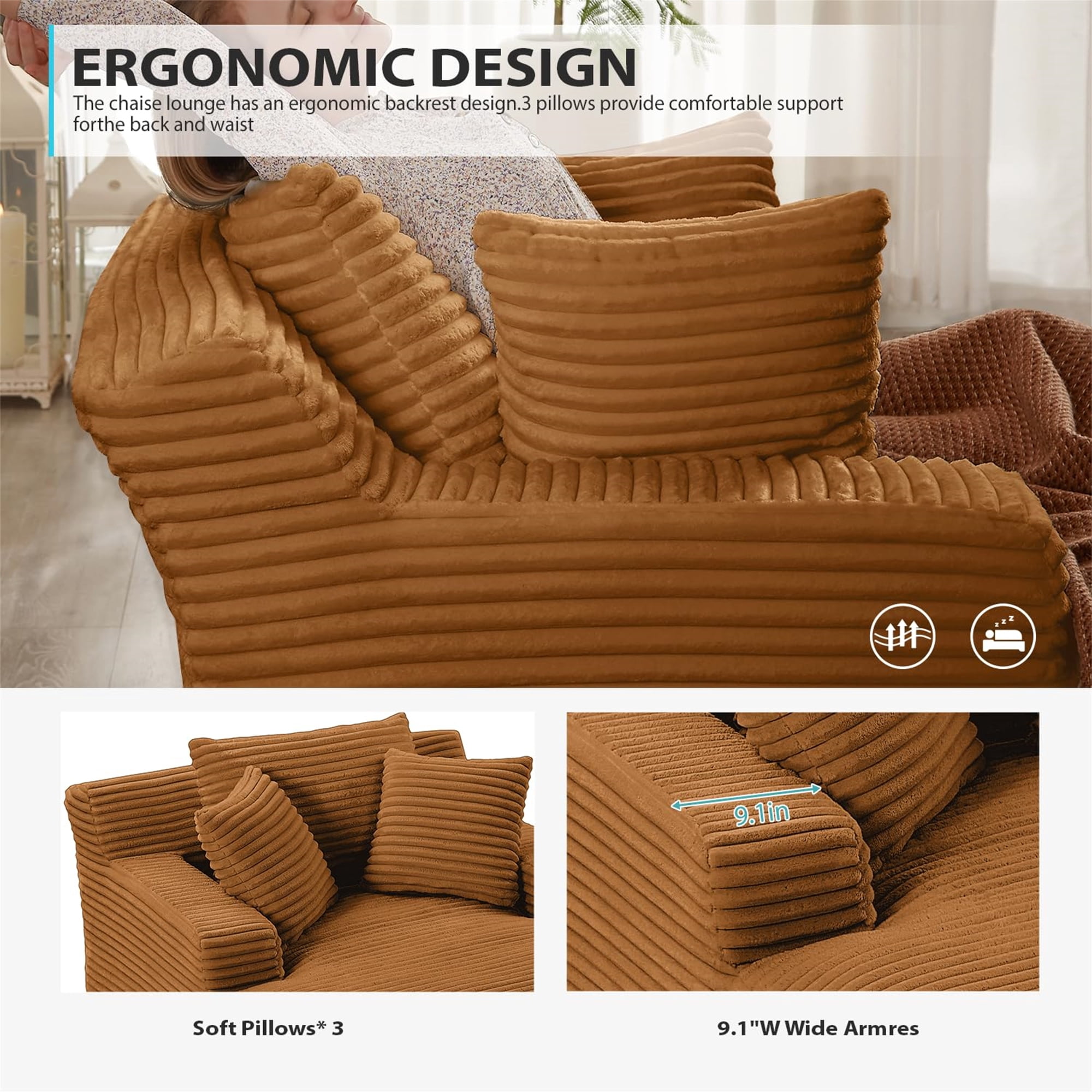 Aukfa 66" Oversized Chaise Lounge Indoor Chair Boneless Couch for Living Room Bedroom, 3Pillows, Orange