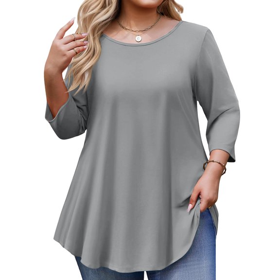 TQWQT Plus Size 3/4 Sleeve Light Gray Tunic Shirt - Scoop Neck, Soft Fabric, High-Low Hem, Flowy Loose Fit Top for Casual/Weekend XL