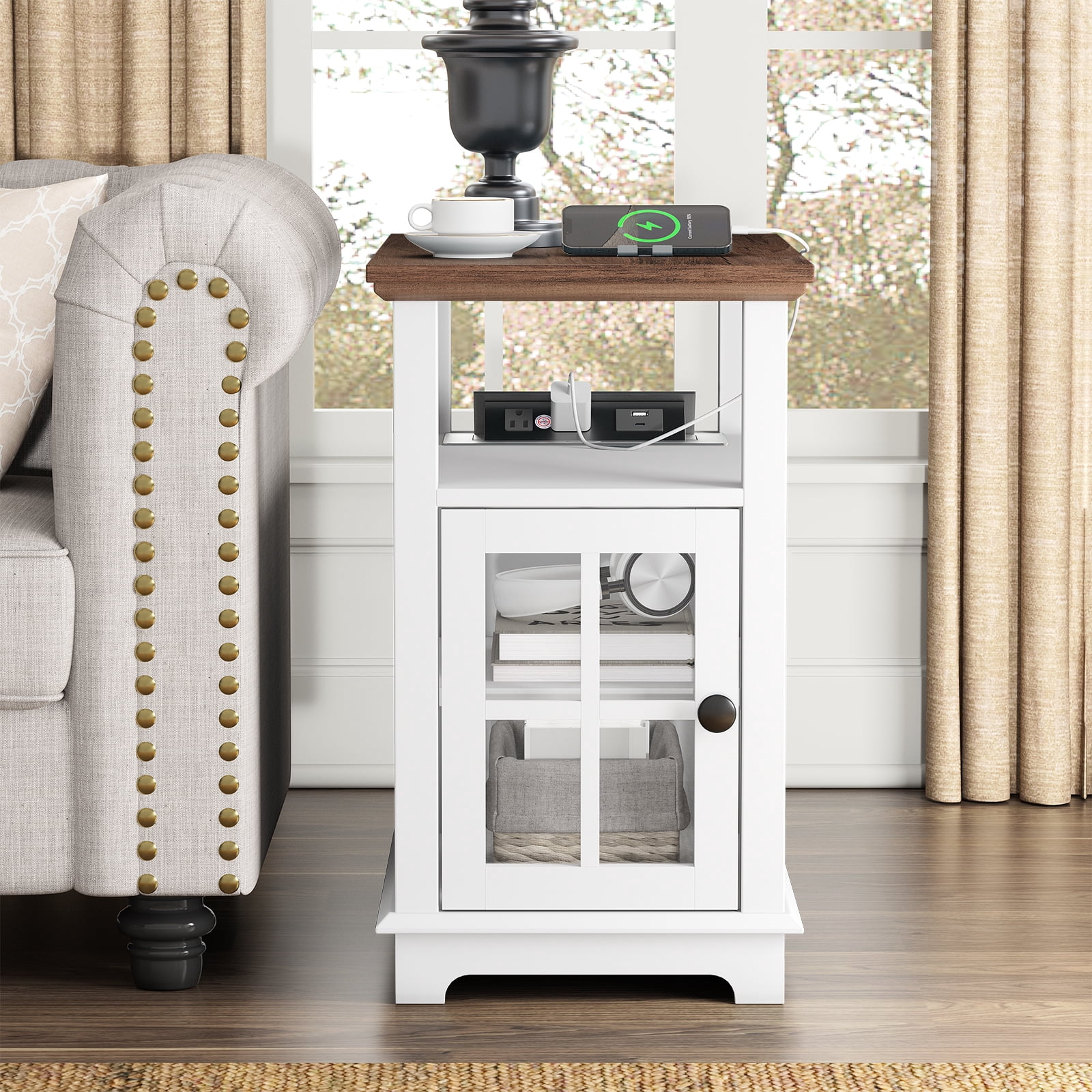 FAGAGA End Tables with Charging Station for Living Room, Wooden Nightstand for Bedroom, White