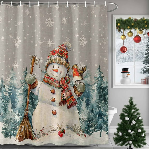 Christmas Snowman Shower Curtains for Bathroom, Robin Pine Tree Snowflakes Grey Retro Waterproof Fabric Shower Curtain for Bathroom Bathtub Decoration, Machine Washable, 72"x72"