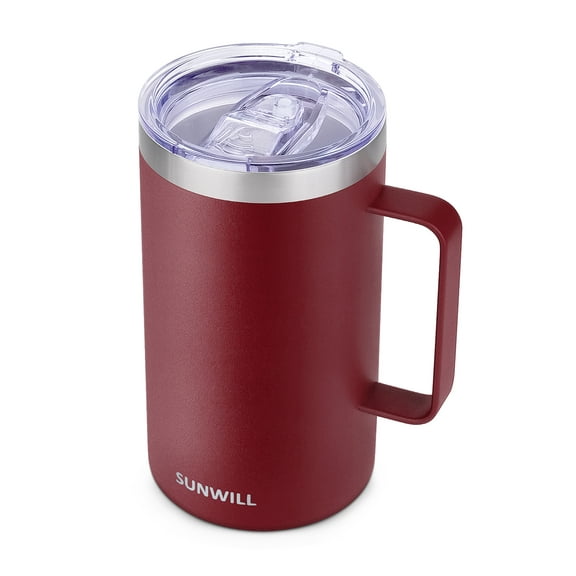 SUNWILL Stainless Steel Insulated Coffee Mug with Lid and Handle, 22oz, Powder Coated Wine
