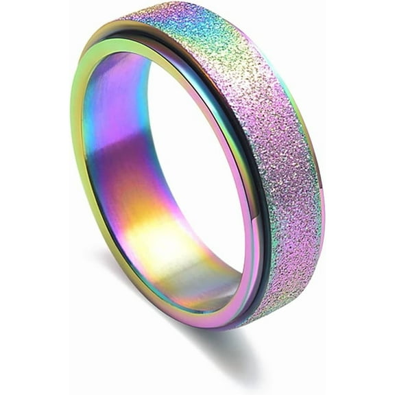 Spinner Ring for Women Men Relief Anxiety Multicolor Stainless Steel 6MM Gold Silver Black Rainbow Matte Glitter Frosted Sand Blast Finish Fidget Ring Band