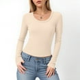 thumbnail image 2 of felwors Womens Crewneck Long Sleeve Shirt Double Lined Basic Tees Side Ruched Going Out Crop Tops Beige, M, 2 of 6