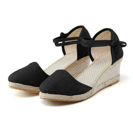 

Cathalem Women Ripple Linen Sandals Platform Wedge Sandals Fashion Versatile Braided Buckle Breathable Glittery Sandals Women Black 7.5