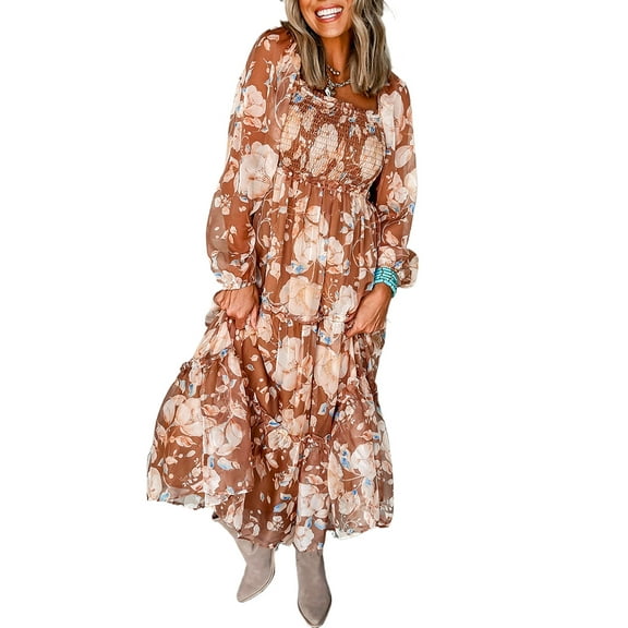 Women's Brown Floral Print Shirred Square Neck High Waist Maxi Dress - [ZhiHiMeRi] | (US 12-14)L