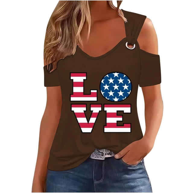 Tops de Hombro Frío para las Mujeres Día de la Independencia Impreso Fuera Del Hombro Blusa con Cuello en V, Fuera Del Hombro de las Mujeres