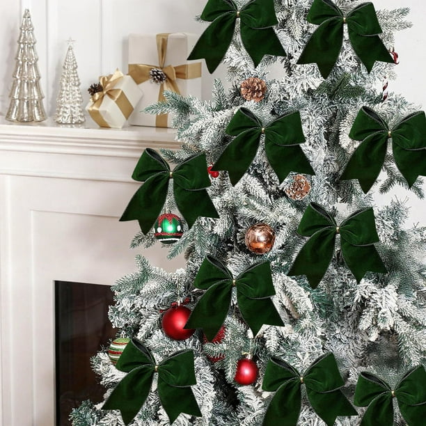Juego de 4 lazos de Navidad | Adornos festivos de tela para árbol, corona y decoración de cajas de regalo | Blanco Verde Marrón Vibrante | 15x15cm | Accesorios para decoración navideña