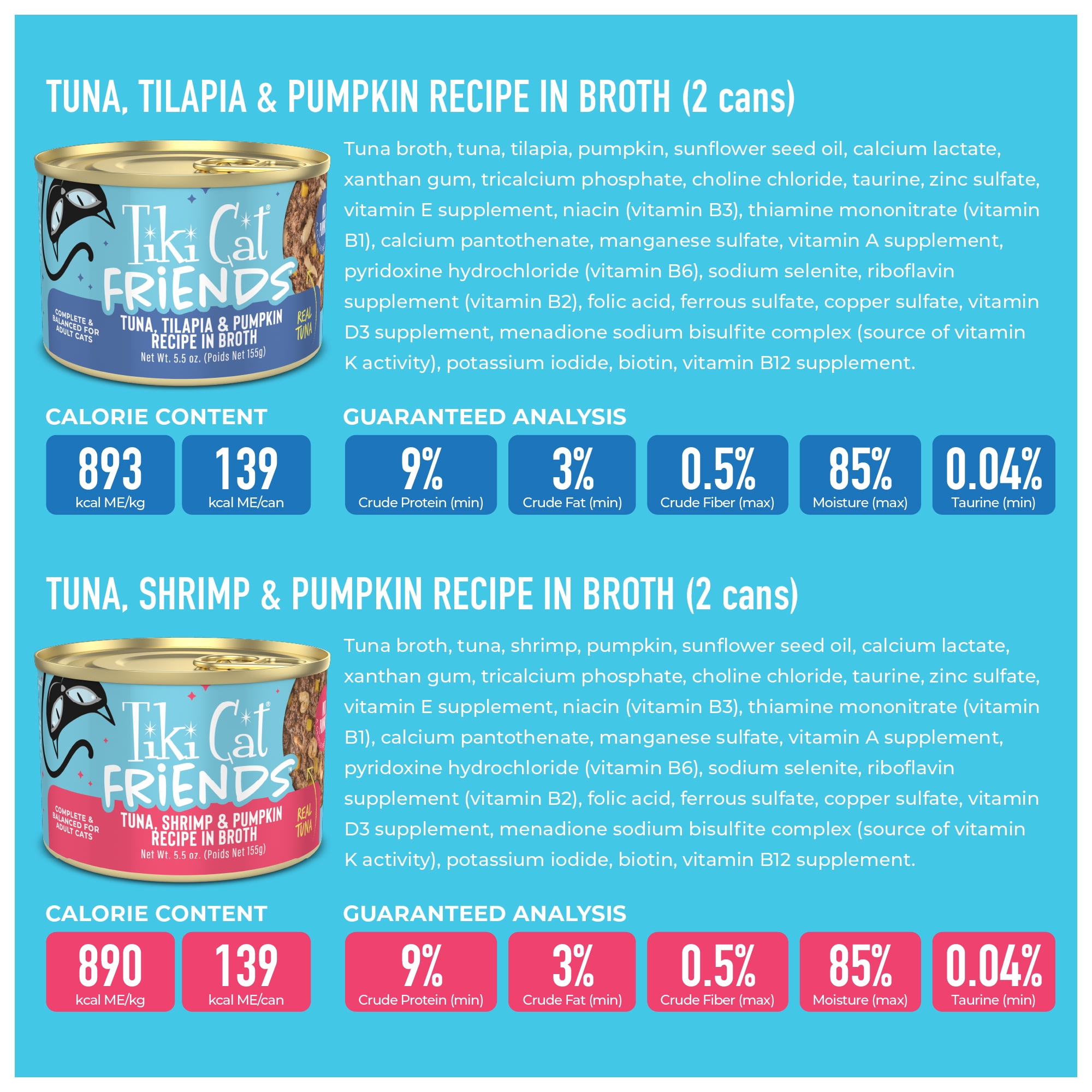 (2 pack) Tiki Cat Friends Wet Cat Food, Tuna, Variety Pack, 5.5 oz. Cans (8 Count)