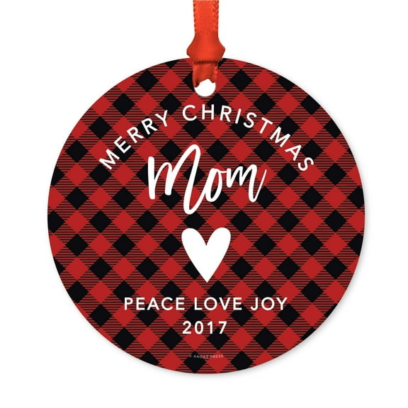 Family Metal Christmas Ornament, Merry Christmas Mom 2017, Red Plaid, Includes Ribbon and Gift Bag