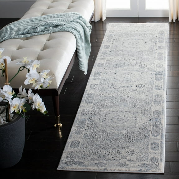 SAFAVIEH Alhambra Evan Floral Bordered Runner Rug, Ivory/Grey, 2' x 8'