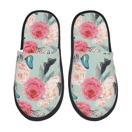 Balery Roses and Butterflies Slient Indoor Furry Fleece Comfort House Shoes Soft Non-Slip Home Shoes Cotton slippers House Slippers-- Medium