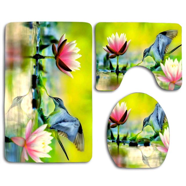 ABPHQTO Lotus y pájaro Juego de alfombras de baño de 3 piezas Alfombra de baño Alfombra de contorno y tapa de inodoro ABPHQTO Cont-CHAPPLE-32861