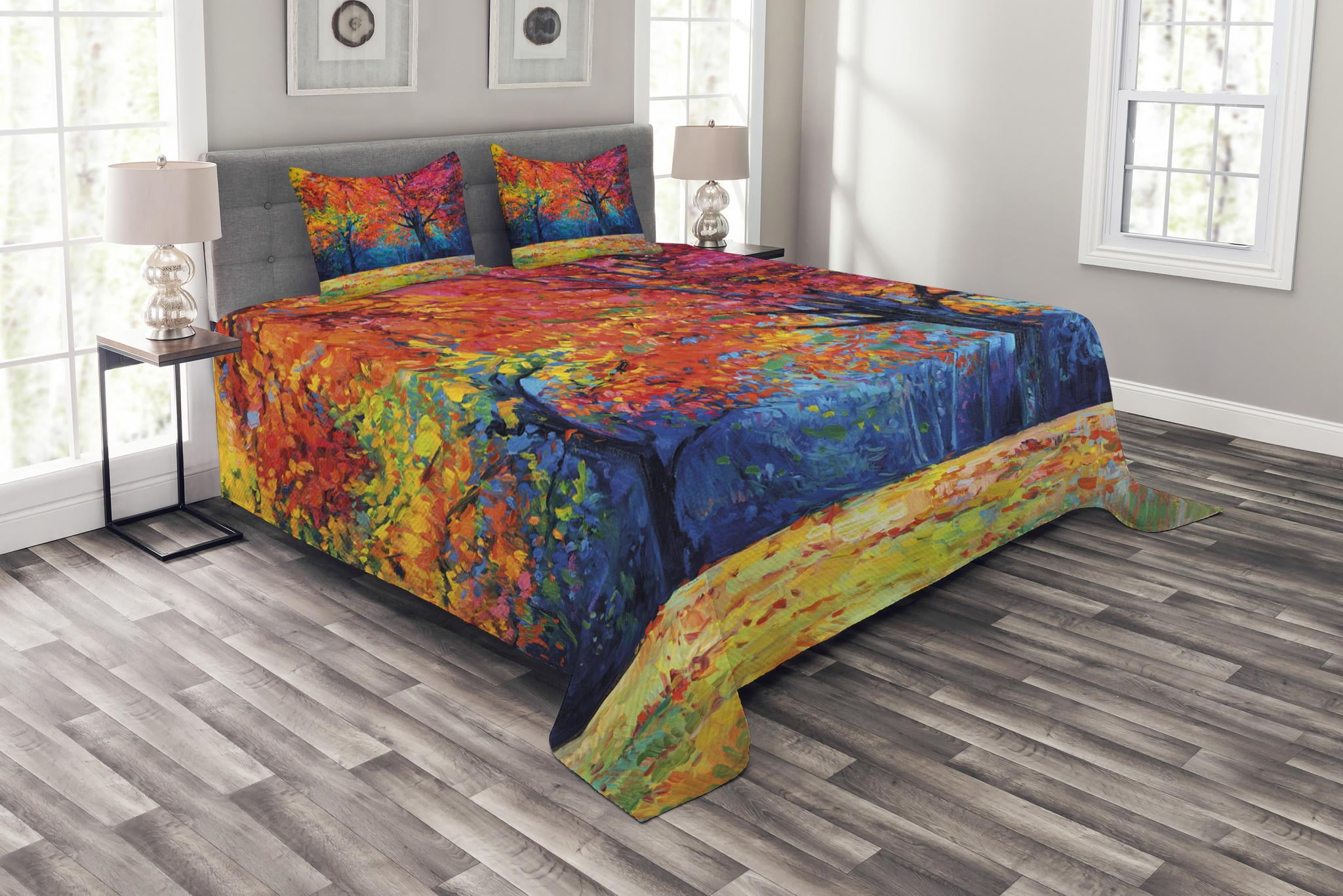 Nature Bedspread Set, Colorful Trees and Falling Autumn Leaves Seasonal