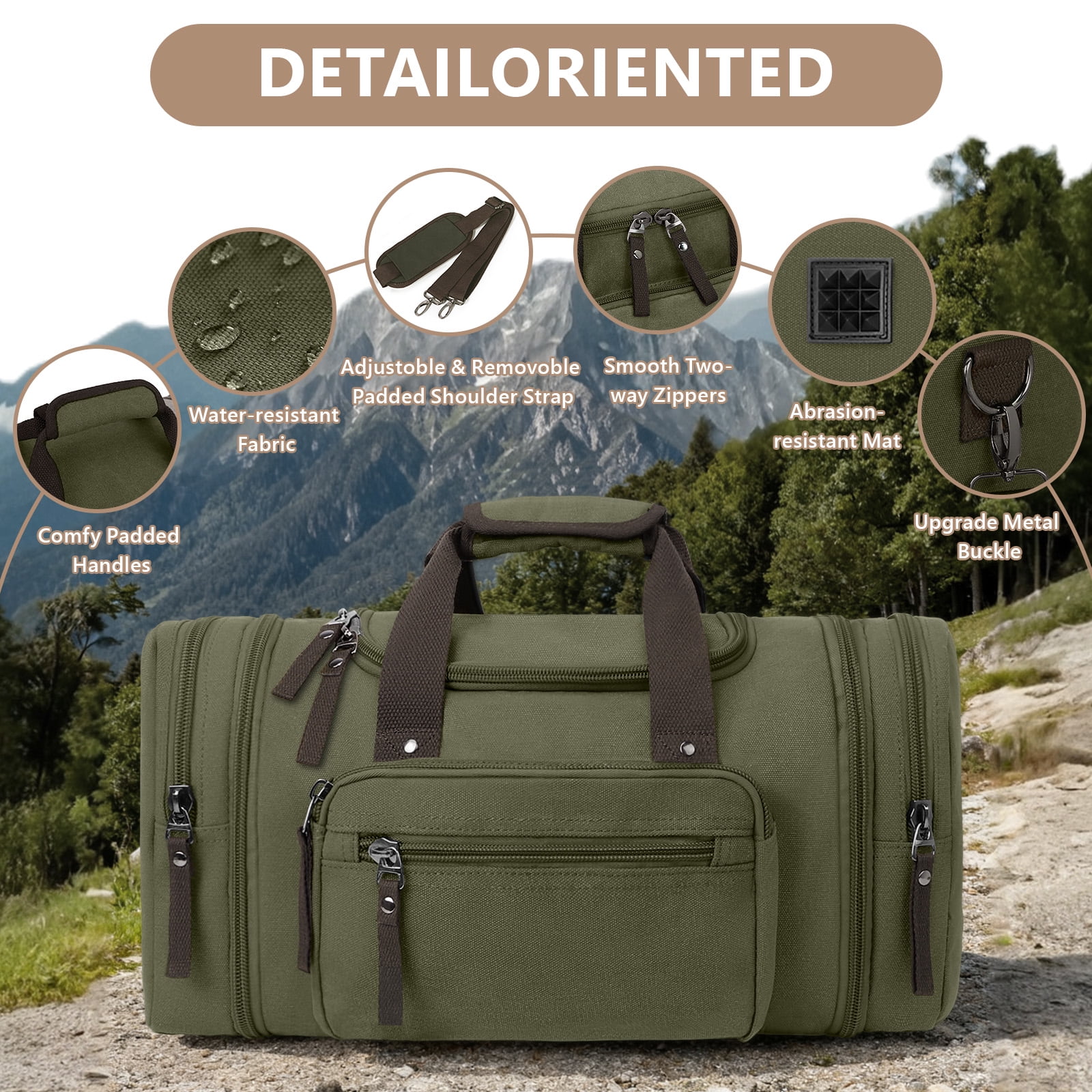 DAKOMM Canvas Duffle Bag 50L, Duffle Bag for Travel Expandable Duffel Bags Waterproof Weekender Overnight Travel Bag Gym Carry On Luggage Bag for Men & Women (Army Green)